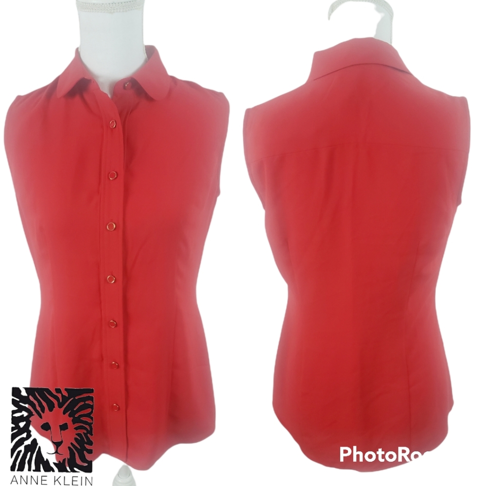 Anne Klein Women's Pinot Button Up Top Rounded Collar Red Size 2 NEW
